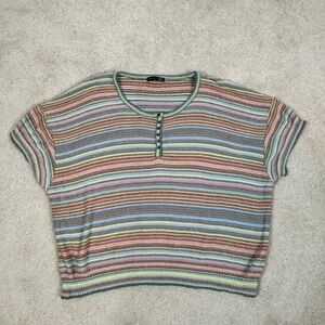 Black Tape Womens 3X Striped Henley Knit Sweater Short Sleeve Multi-Color Boxy